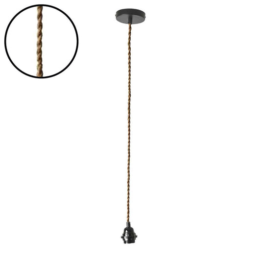 Suspension douille noire 110cm cable torsadé corde naturelle rosace